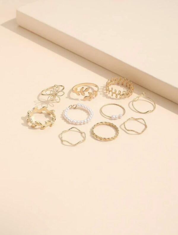 10pcs Leaf & Faux Pearl Decor Ring - Image 2