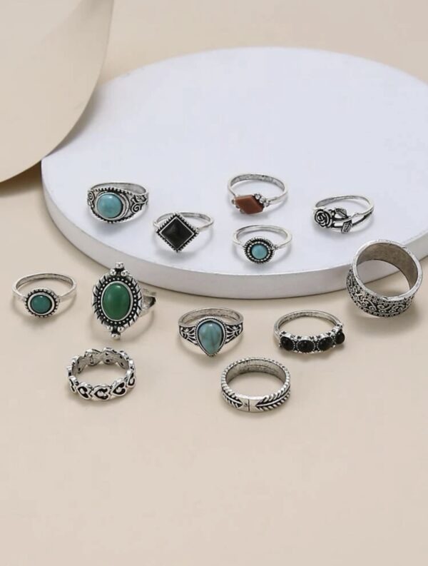 12pcs Square & Turquoise Decor Ring - Image 2