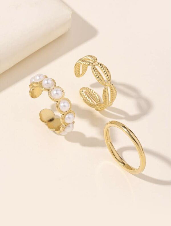 3pcs/Set Non Tarnish Faux Pearl Shell Design Adjustable Rings - Image 2