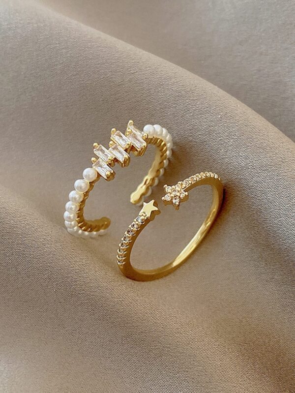 Two-Piece Adjustable Zirconia & Faux Pearl Ring Set