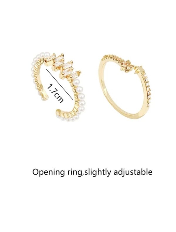 Two-Piece Adjustable Zirconia & Faux Pearl Ring Set - Image 3