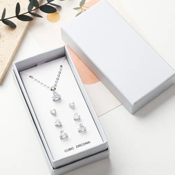 Boxed 4pcs Zircon Triangle Necklace & Earrings Set