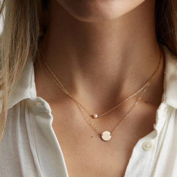 Non Tarnish Minimal Pearl & Disc Pendant Layer Necklace