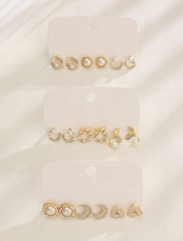 9pairs/Set Gold Rhinestone Moon & Faux Pearl Decor Stud Earrings