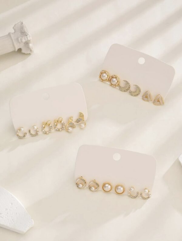 9pairs/Set Gold Rhinestone Moon & Faux Pearl Decor Stud Earrings - Image 2