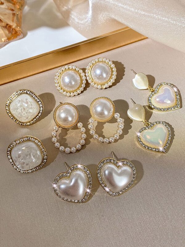 5pairs/Set Faux Pearl Heart Square Rhinestone Stud Earrings