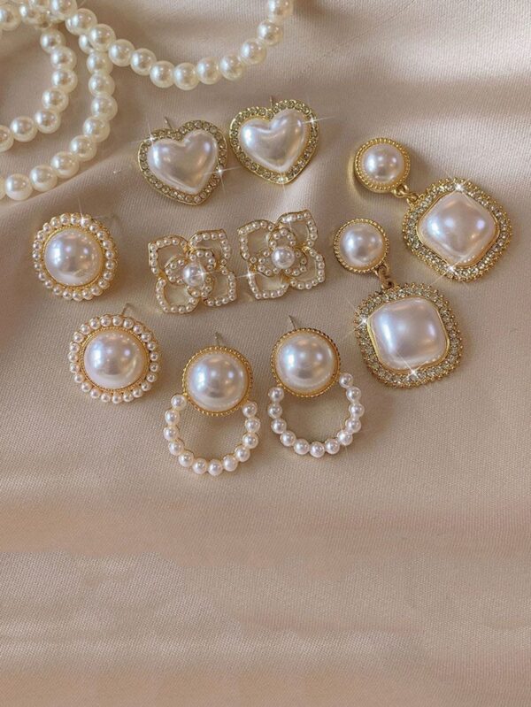 5pairs/Set Faux Pearl, Flower & Rhinestone Decor Stud Earrings