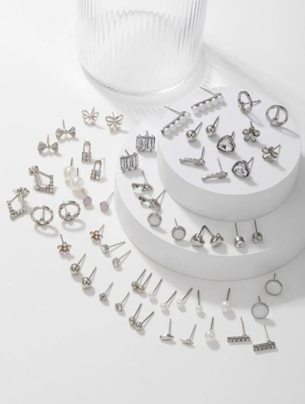 30pairs Silver Rhinestone & faux Pearl Decor Earrings - Image 3