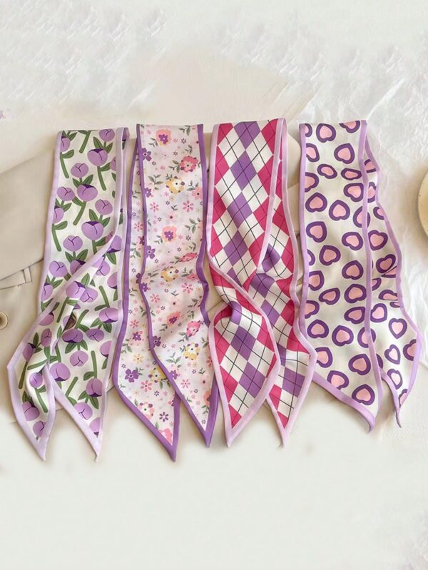 4pcs Purple Floral Plaid Love Printed Long Silk Scarves