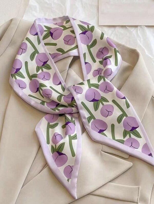 4pcs Purple Floral Plaid Love Printed Long Silk Scarves - Image 2