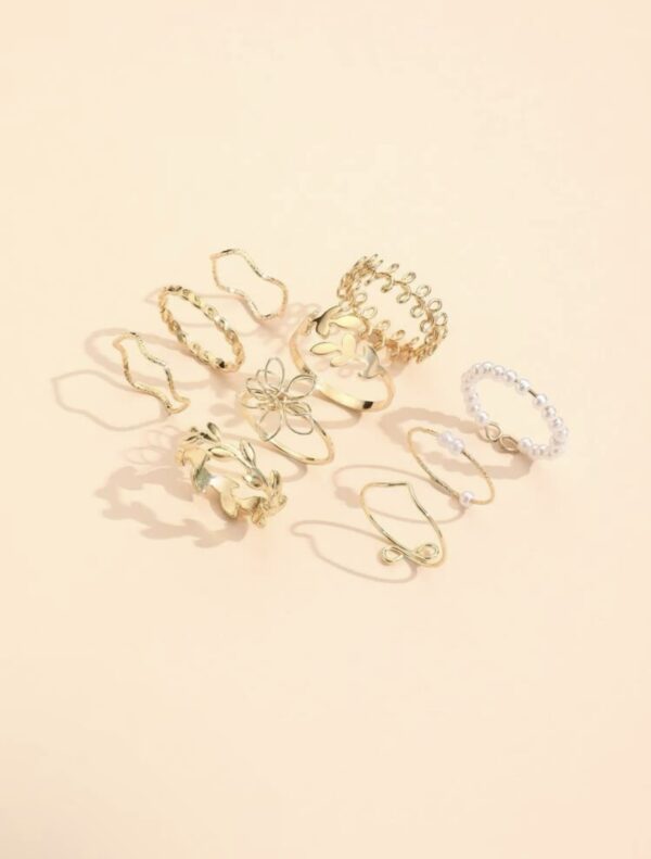 10pcs Leaf & Faux Pearl Decor Ring - Image 4