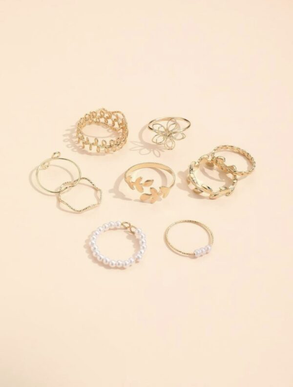 10pcs Leaf & Faux Pearl Decor Ring - Image 3