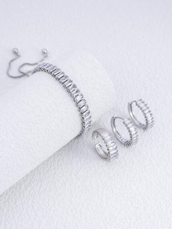 4pcs Silver Minimal Cubic Zirconia Bracelet, Earrings & Ring Set