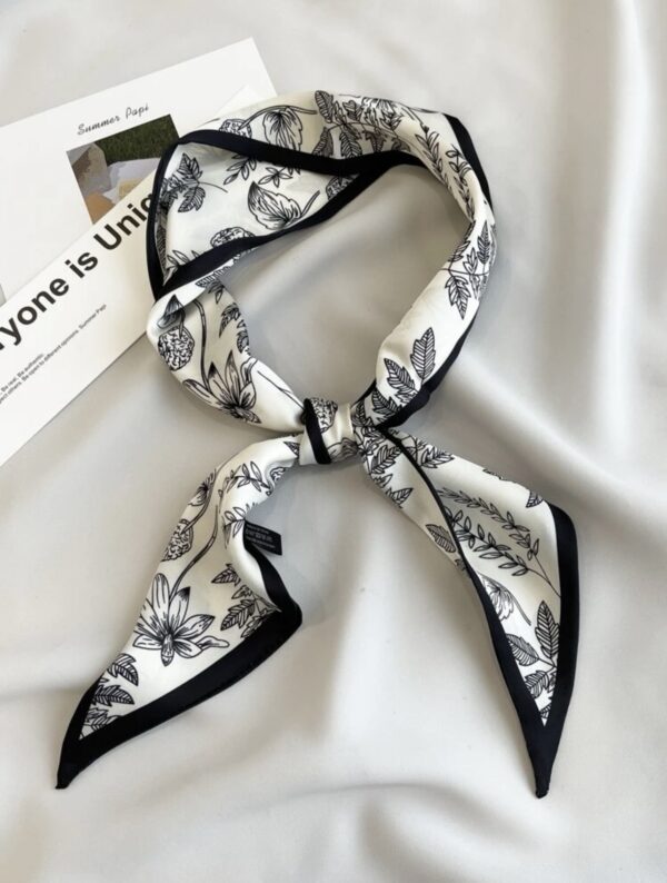 Black Flora Print Silky Scarf Hairband Multi-use for Vacation and Daily Life