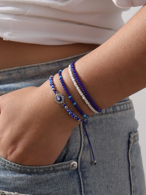 4pcs Bohemian Blue Eye Decor Beaded Bracelet - Image 2