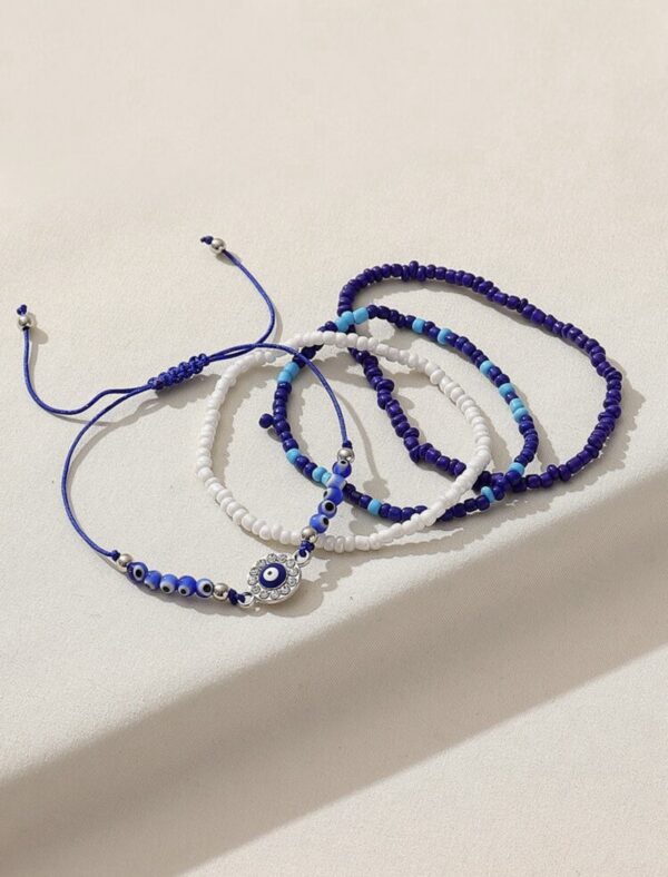 4pcs Bohemian Blue Eye Decor Beaded Bracelet - Image 4