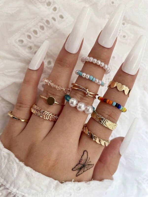 12pcs Colorful Beaded Faux Pearl Ring Set