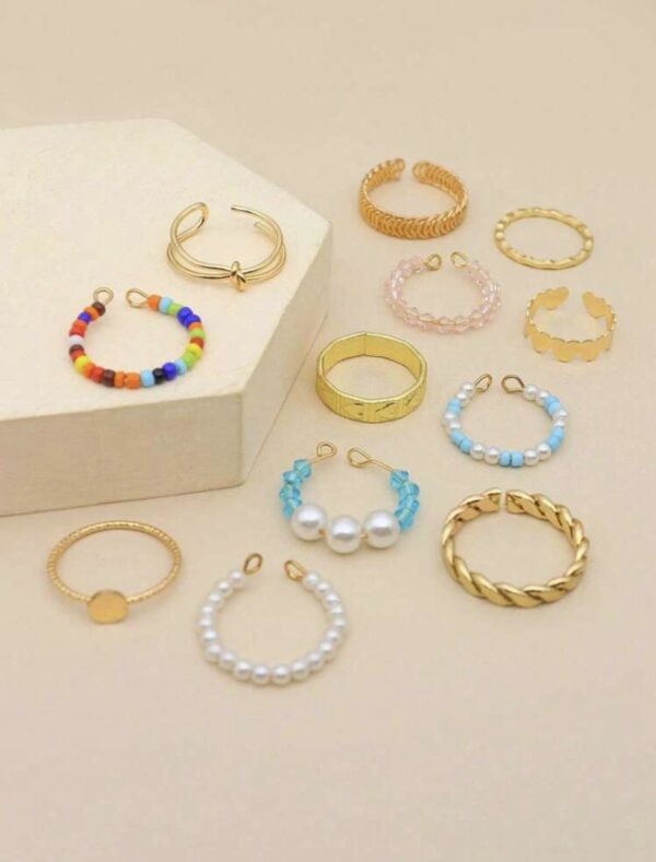 12pcs Colorful Beaded Faux Pearl Ring Set - Image 2