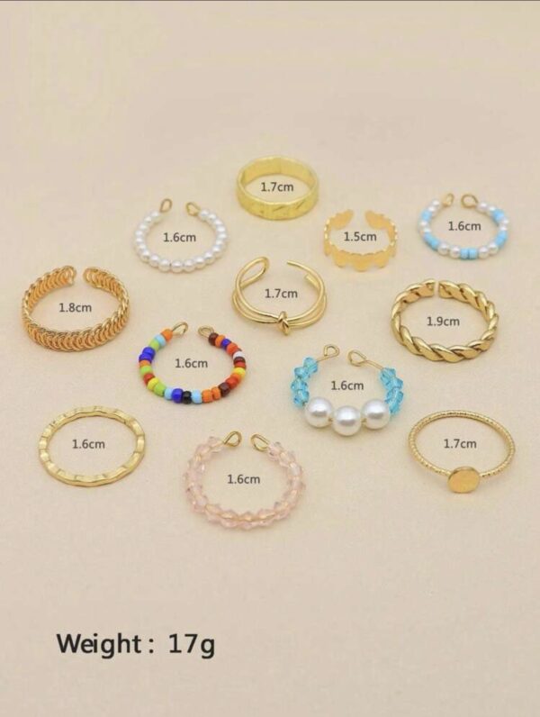 12pcs Colorful Beaded Faux Pearl Ring Set - Image 4