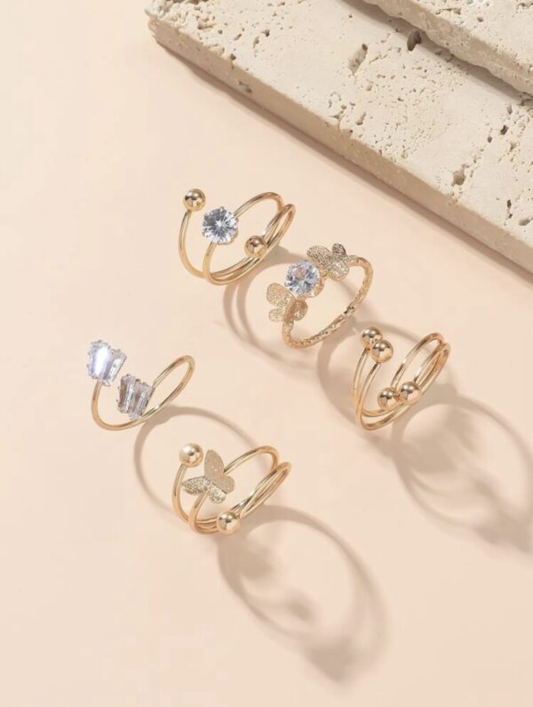 5pcs Gold Cubic Zirconia and Butterfly Decor Ring Set - Image 2