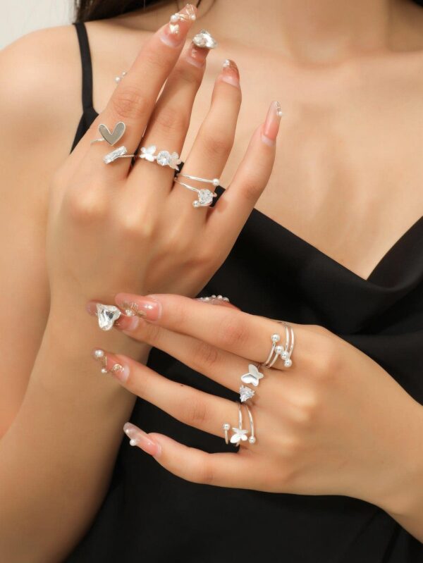 5pcs Silver Cubic Zirconia and Butterfly Decor Ring Set