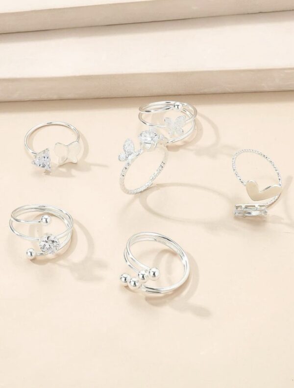 5pcs Silver Cubic Zirconia and Butterfly Decor Ring Set - Image 2