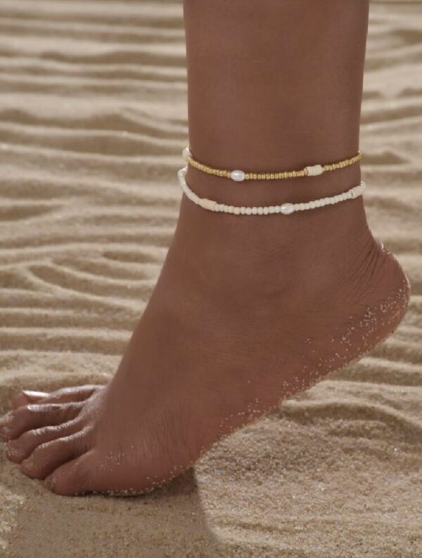 2pcs Faux Pearl Decor Beaded Anklet