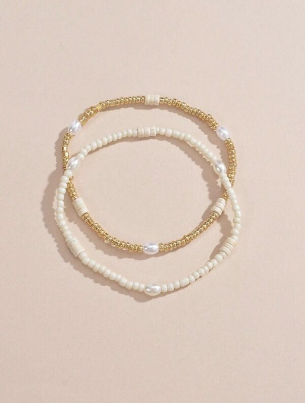 2pcs Faux Pearl Decor Beaded Anklet - Image 2