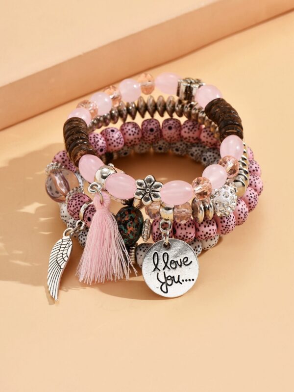 4pcs Wing & Tassel Charm Beaded Bracelet