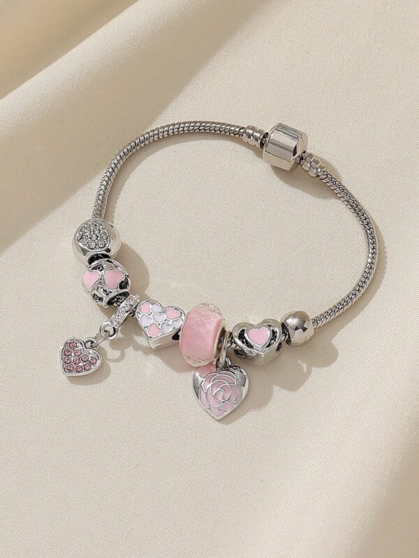 Sweet Rhinestone Rose & Heart Pendant Bracelet