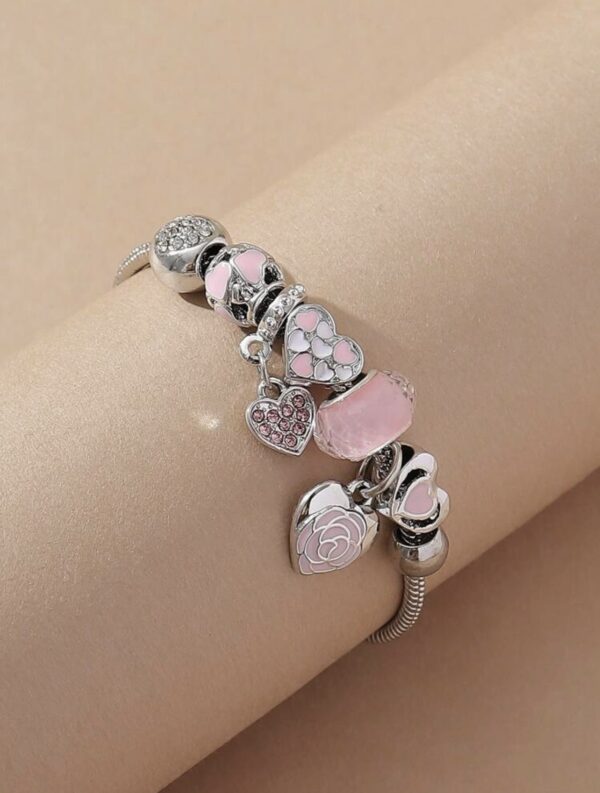 Sweet Rhinestone Rose & Heart Pendant Bracelet - Image 2