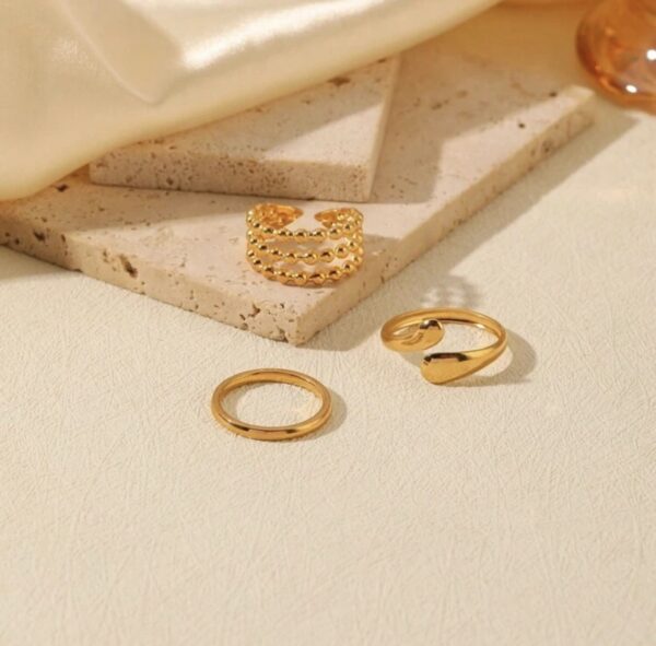 Minimal 3pcs Non Tarnish Gold Tone Adjustable Rings - Image 3