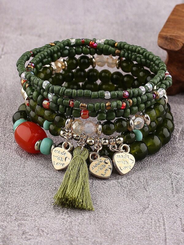 6pcs Heart Pendant & Bead Layered Bracelet