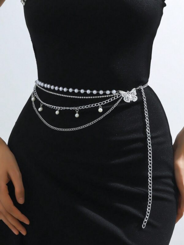 Faux Pearl and Butterfly Fashionable Layered Chain Belt - Image 2