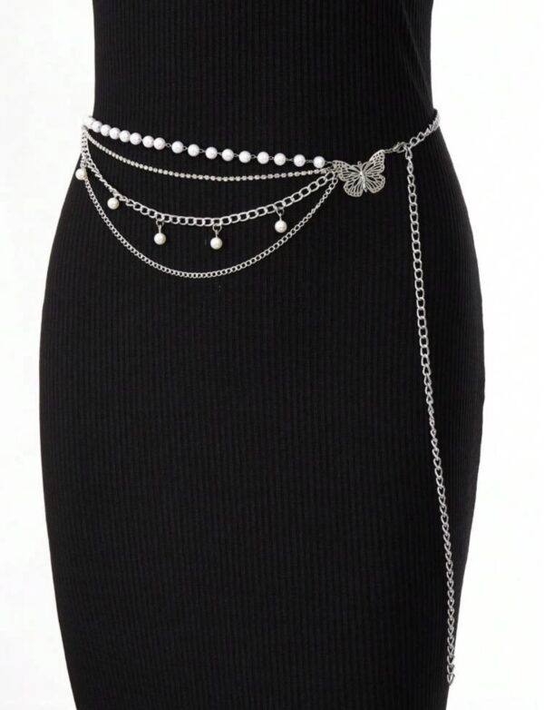 Faux Pearl and Butterfly Fashionable Layered Chain Belt