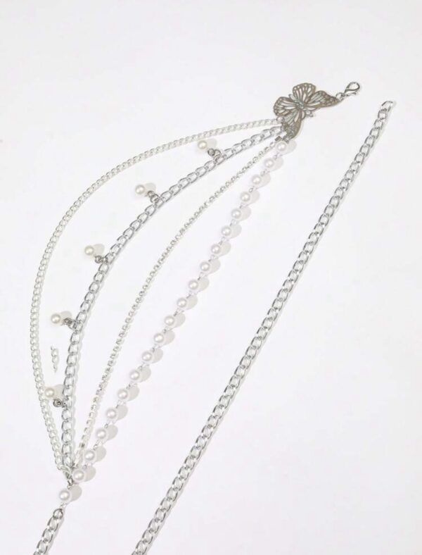 Faux Pearl and Butterfly Fashionable Layered Chain Belt - Image 3