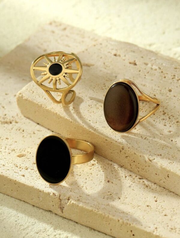 3pcs Non Tarnish Gold & Black Gemstone Ring Set