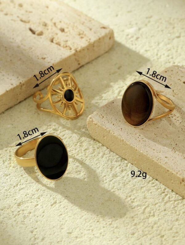 3pcs Non Tarnish Gold & Black Gemstone Ring Set - Image 3